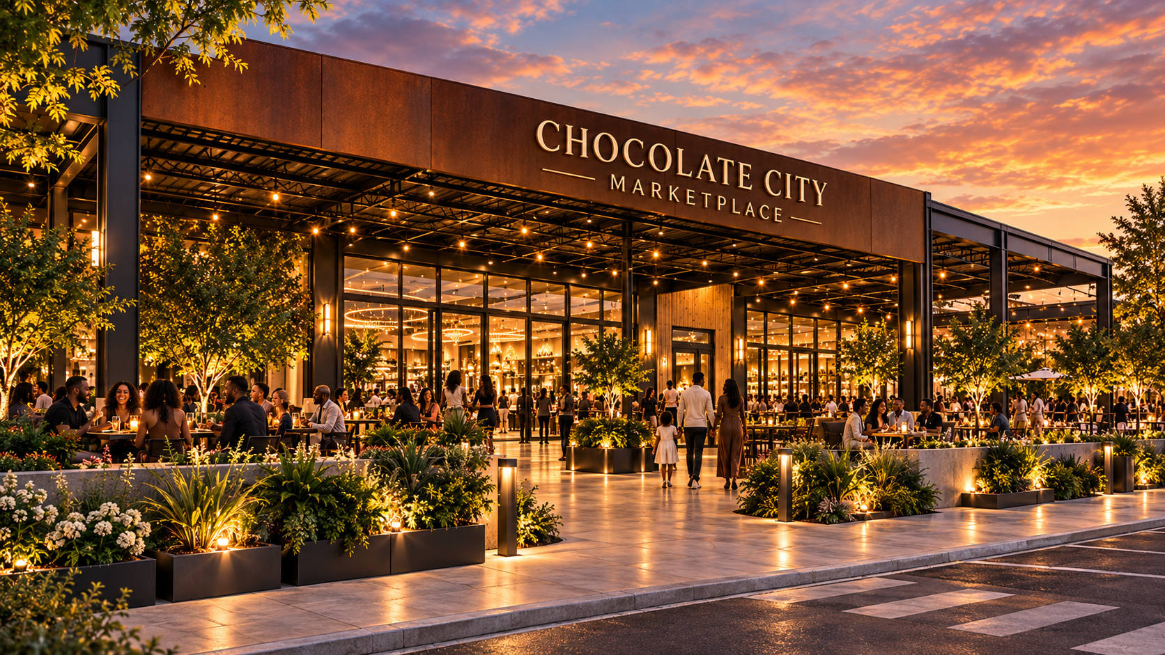 Conceptual exterior of Chocolate City Marketplace with a covered patio at sunset