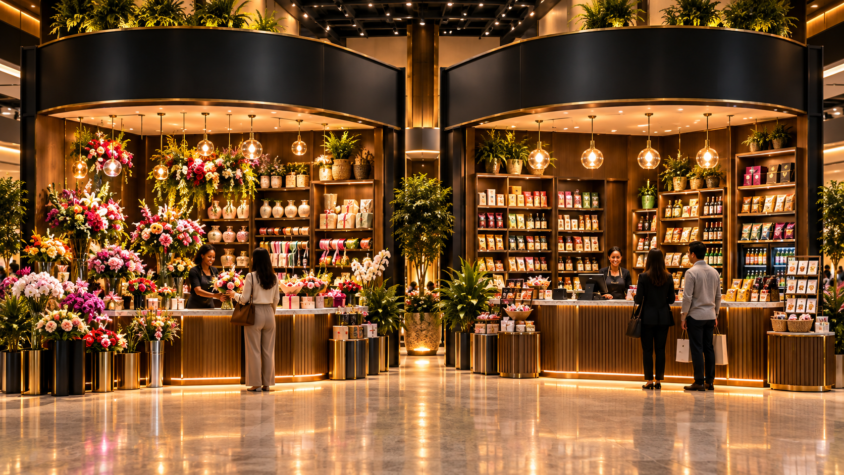 A complete view of the floral studio and gift bar on the left and a separate checkout and quick shop on the right