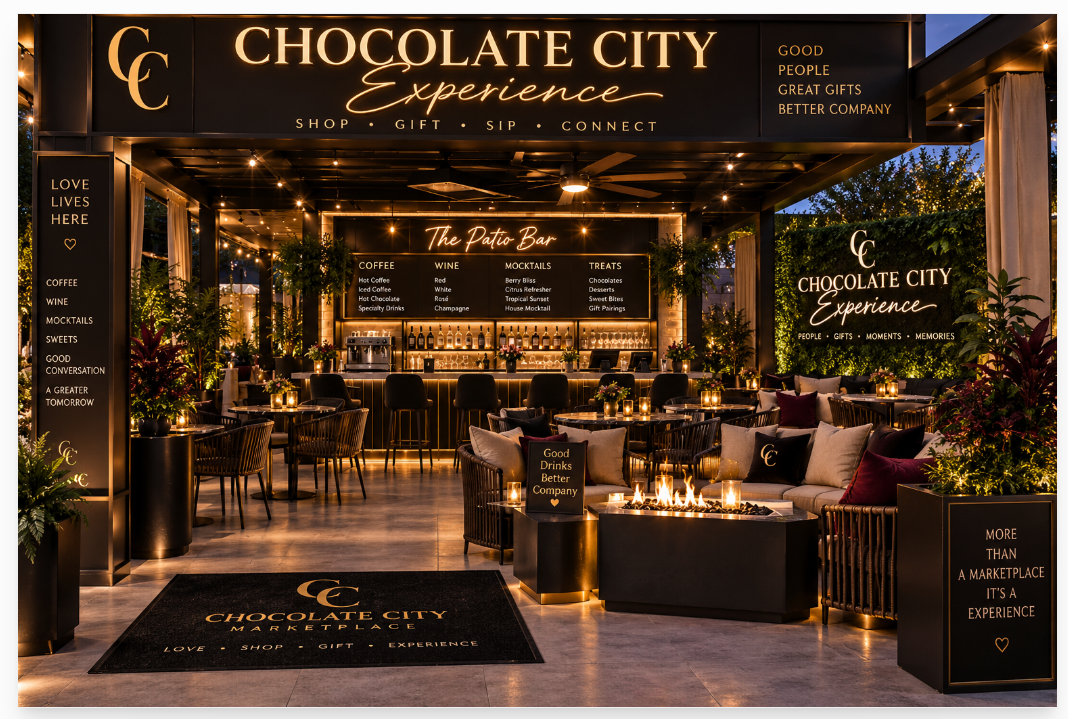 Chocolate City patio concept with covered lounge seating, warm lighting, lush plants and a patio bar
